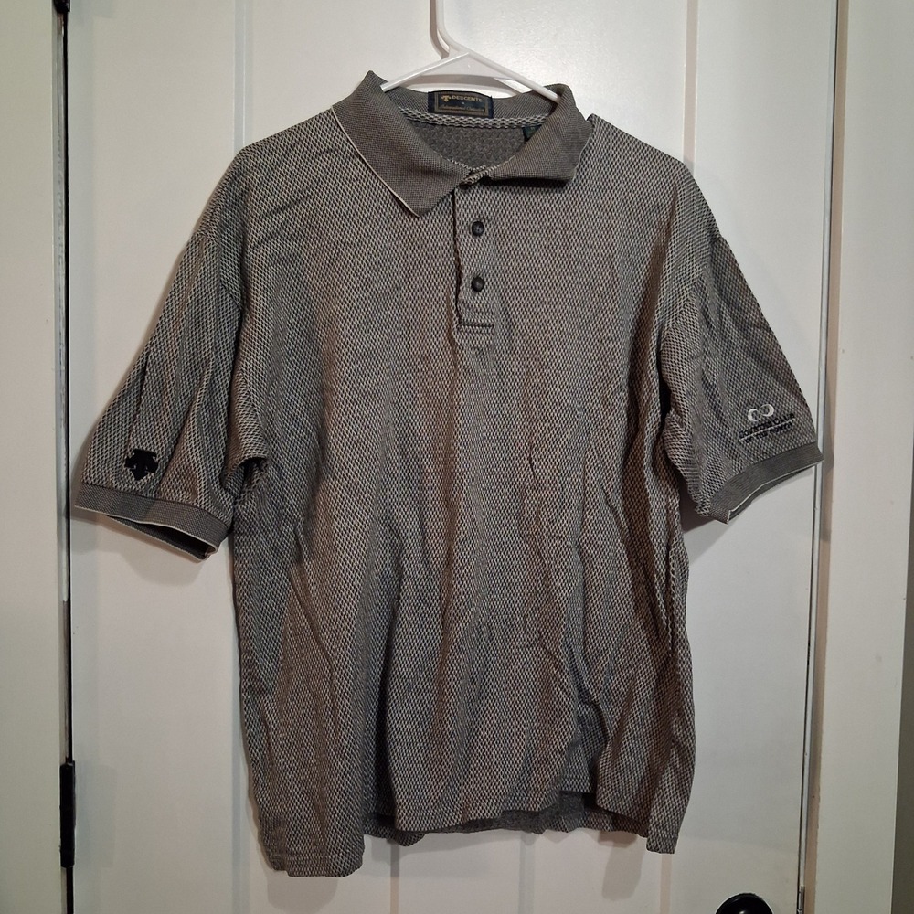 Descente Polo Shirt Mens M Gray Textured Knit Retro Golf Vintage Egyptian Cotton